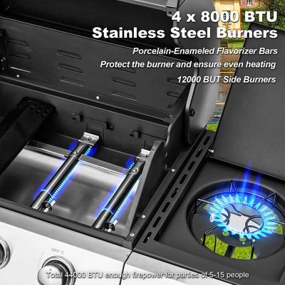Upgraded 44,000 BTU Stainless Steel Burner Barbecue Grill, 4 Burner BBQ Propane Gas Grill with Side Stove & Cast Iron Grates for Patio, Camping, Outdoor Cooking