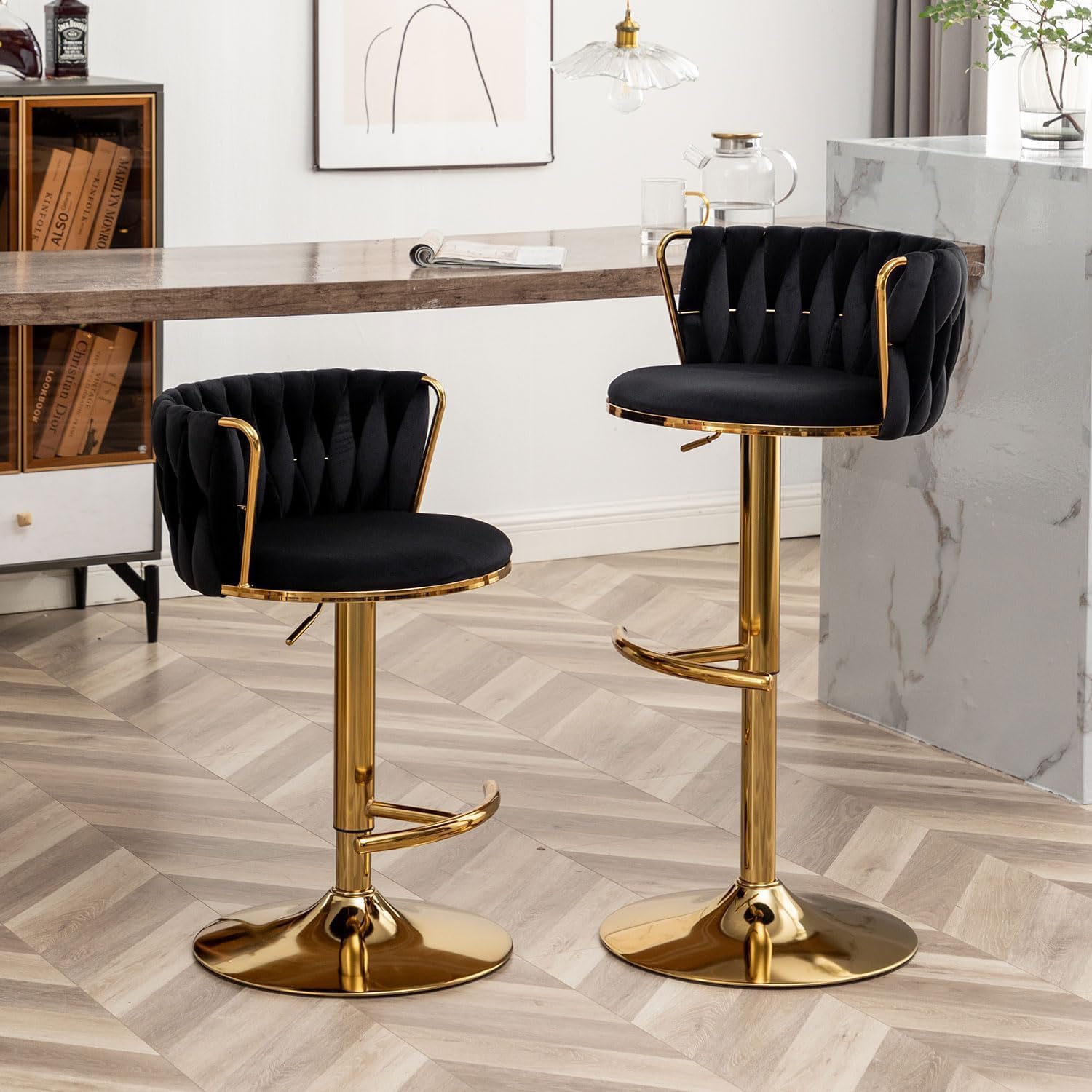 Gold Velvet Bar Stools Set of 3, Swivel Counter Height Bar Stools with Back, Adjustable Woven Barstools for Kitchen Island, Pub, Club (Black)