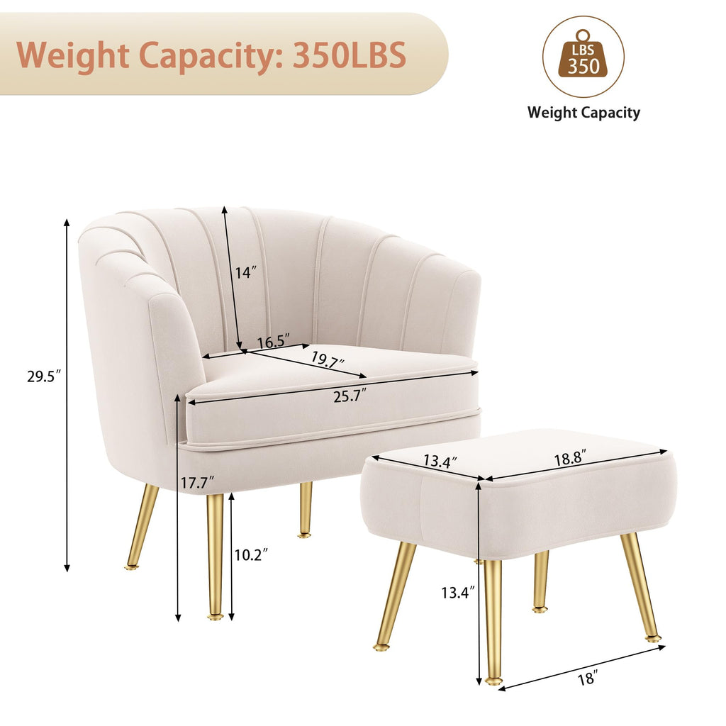 Velvet Accent Chair with Ottoman, Upholstered Modern Single Sofa Side Chair,Comfy Barrel Club Living Room Armchair with Golden Metal Legs for Bedroom Living Reading Room Office, Beige