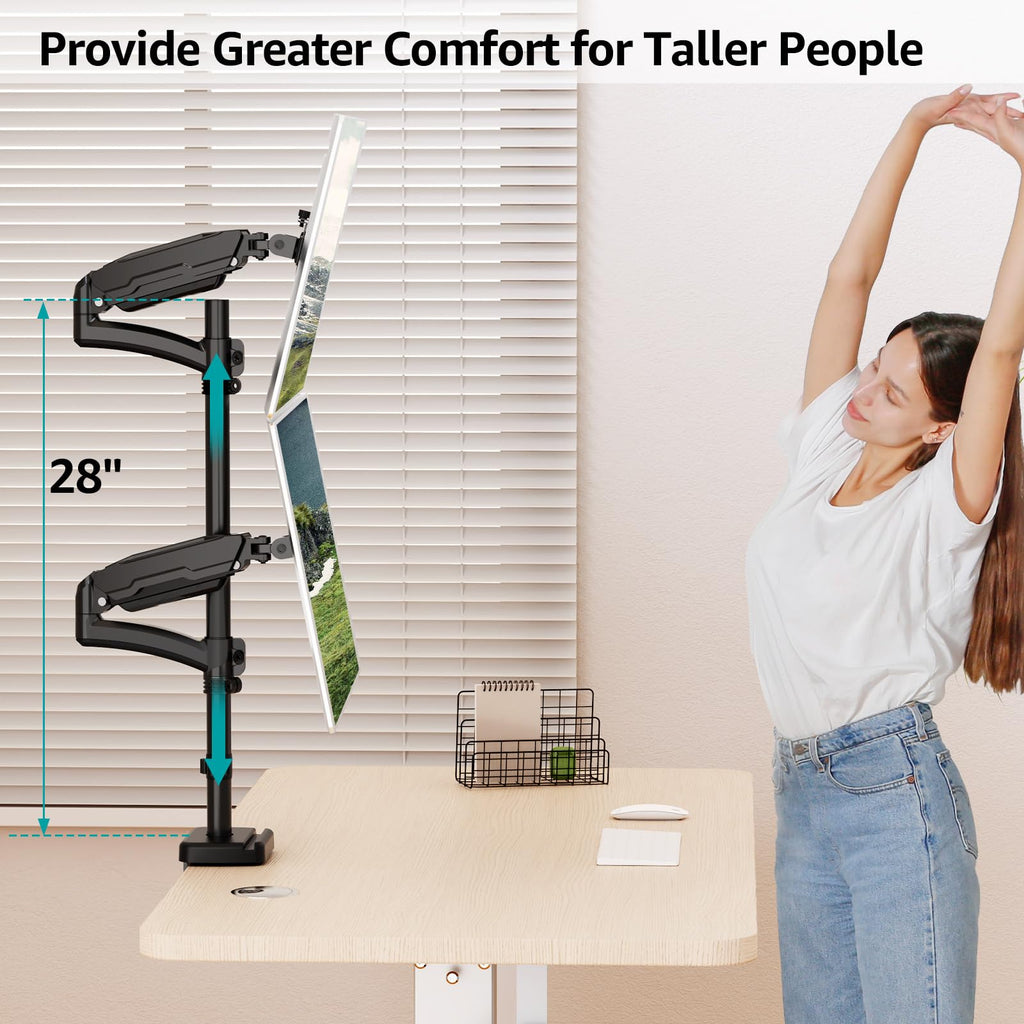 Vertical Dual Monitor Mount, Stacked Monitor Stand for 2 Computer Screens up to 32 inches, Full Motion Adjustable Tall Display Desk Mount, Each Arm Holds up to 17.6lbs, VESA Mount