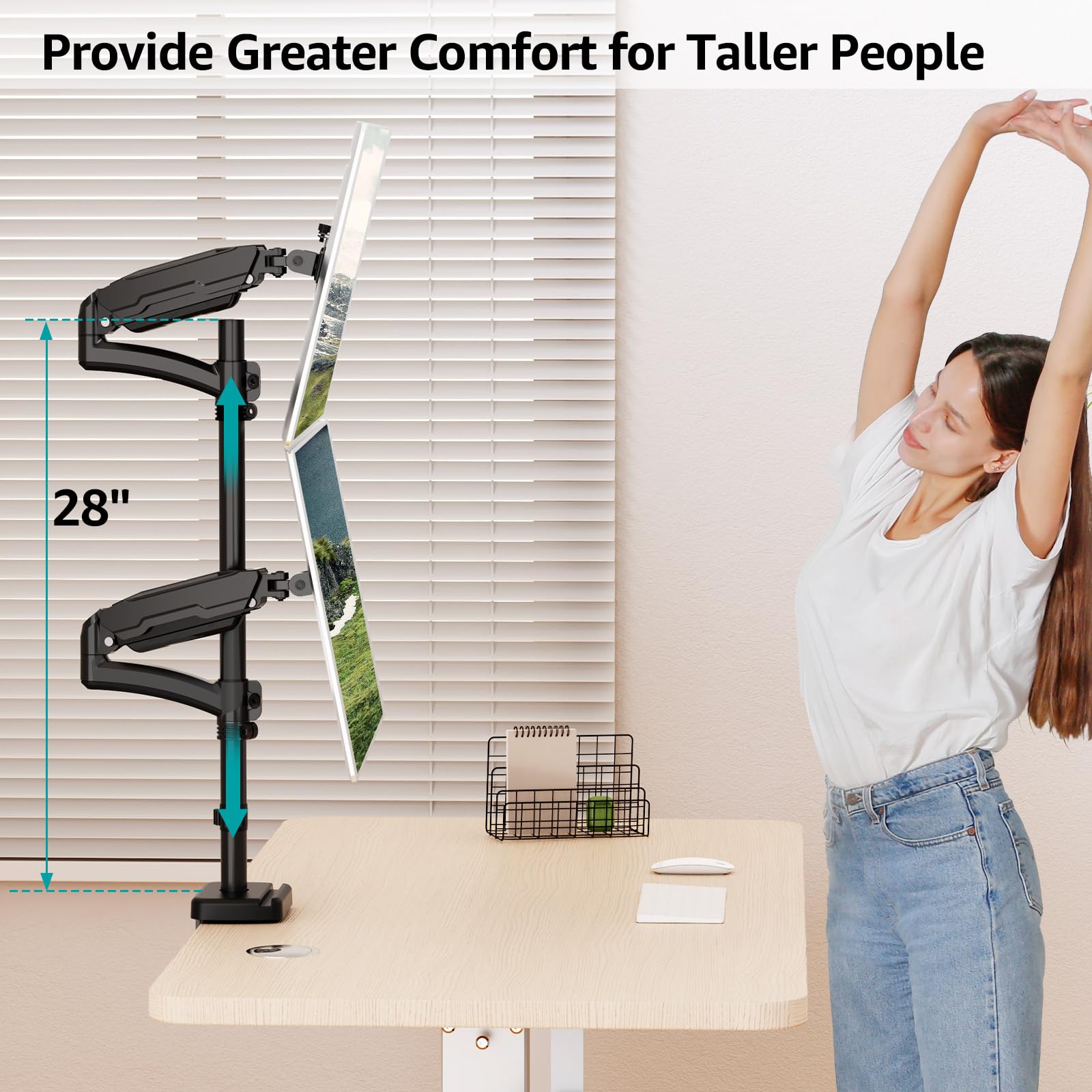 Vertical Dual Monitor Mount, Stacked Monitor Stand for 2 Computer Screens up to 32 inches, Full Motion Adjustable Tall Display Desk Mount, Each Arm Holds up to 17.6lbs, VESA Mount