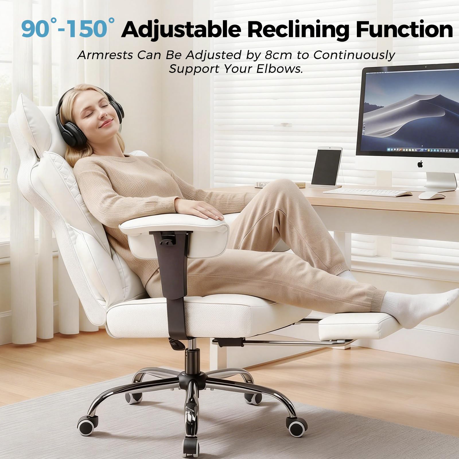 Desk Office Chair Big and Tall Office Chairs Ergonomic Gaming Chairs with Wide Seat Leather High Back Chair with Foot Rest Adjustable Armrests Pocket Spring Lumbar Support