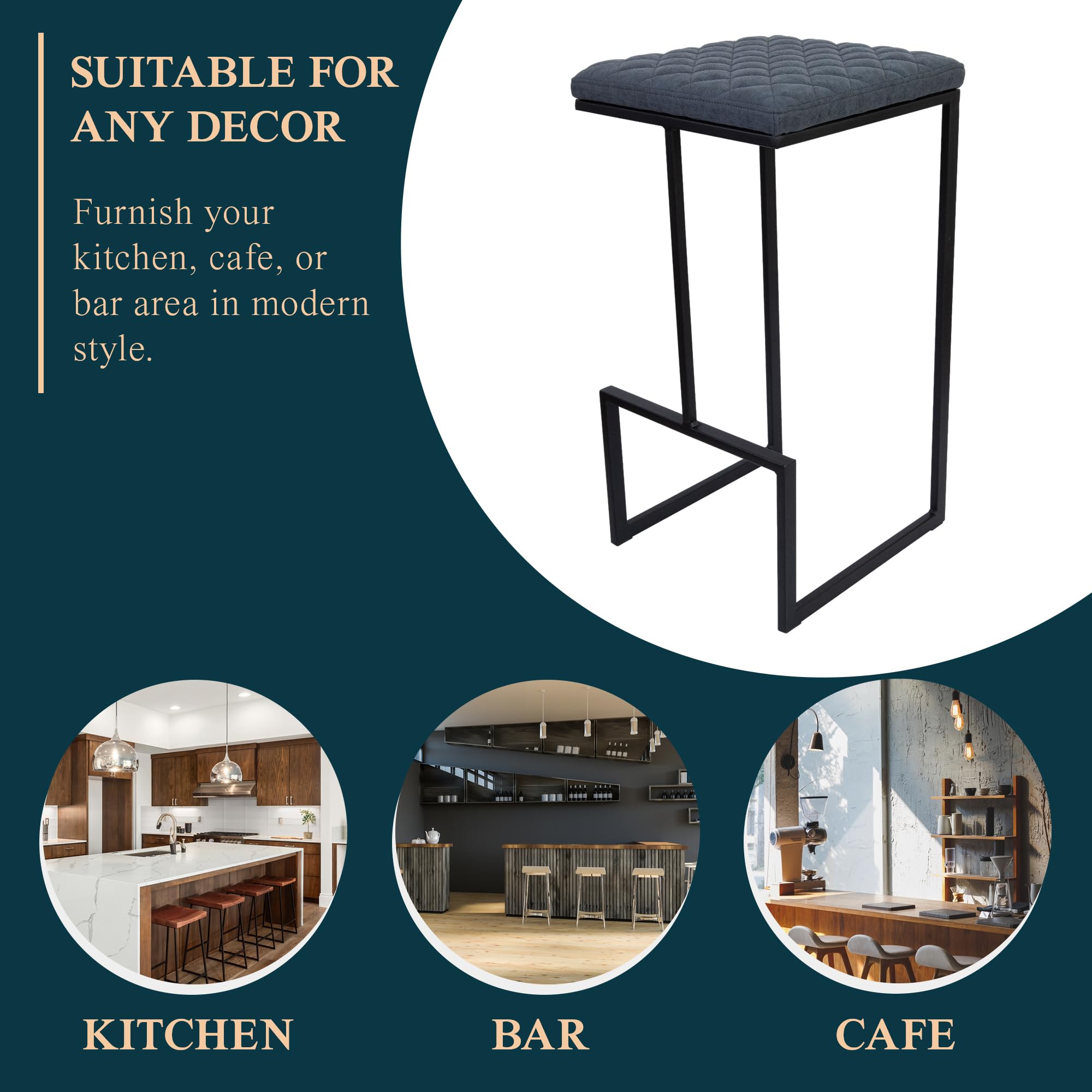 Counter Height Bar Stools, Modern Industrial Backless Counter Stools for Kitchen Island, Dining Counter & Home Bar, Faux Leather Upholstered Seats with Metal Frame, Set of 2, Blue