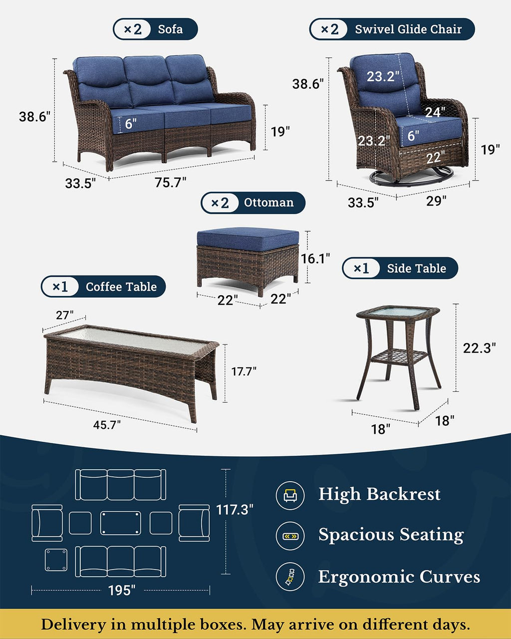 Luxury Patio Furniture Set with 6-inch Thick Cushion, Outdoor Couch and High Back Swivel Rocker Patio Chairs, 8PCS Wicker Conversation Set for Deck Yard and Poolside, Blue (V2)