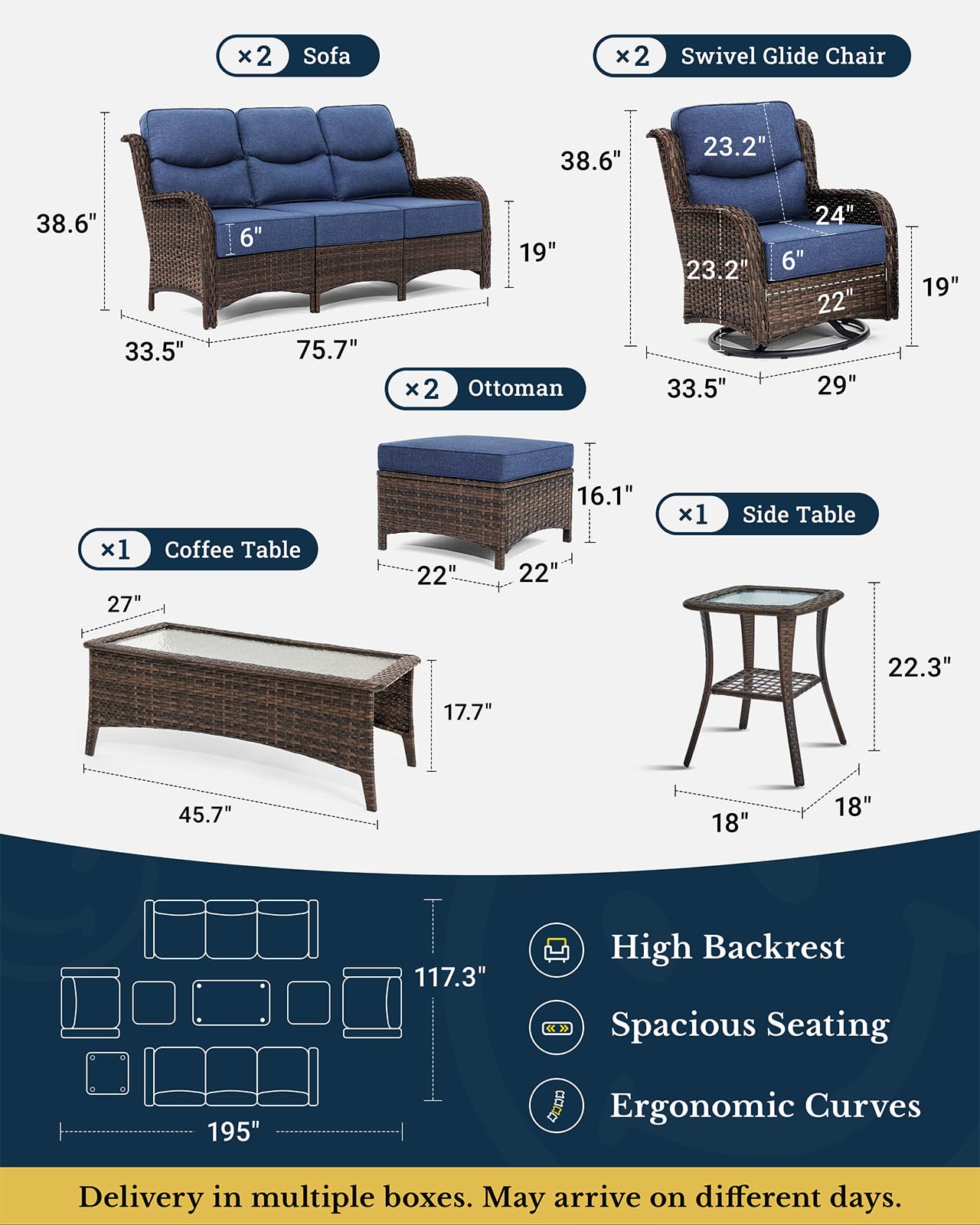 Luxury Patio Furniture Set with 6-inch Thick Cushion, Outdoor Couch and High Back Swivel Rocker Patio Chairs, 8PCS Wicker Conversation Set for Deck Yard and Poolside, Blue (V2)