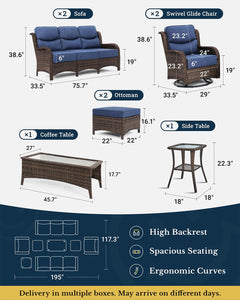 Luxury Patio Furniture Set with 6-inch Thick Cushion, Outdoor Couch and High Back Swivel Rocker Patio Chairs, 8PCS Wicker Conversation Set for Deck Yard and Poolside, Blue (V2)