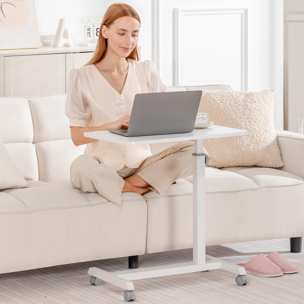 Small Standing Desk, 24 Inches Mobile Rolling Laptop PC Table with Lockable Casters, Adjustable Height Overbed Bedside Table Computer Workstation for Home Office, White-Fixed