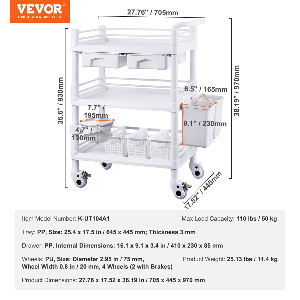 Medical Mobile Trolley Cart with 2 Drawers & 3 Trash Cans, 3 Tiers Beauty Salon Rolling Trolley with 4 Silent Wheels & 2 Dirts Bucket & Bowl, Medical Utility Cart for Hospital Dental Clinic Lab