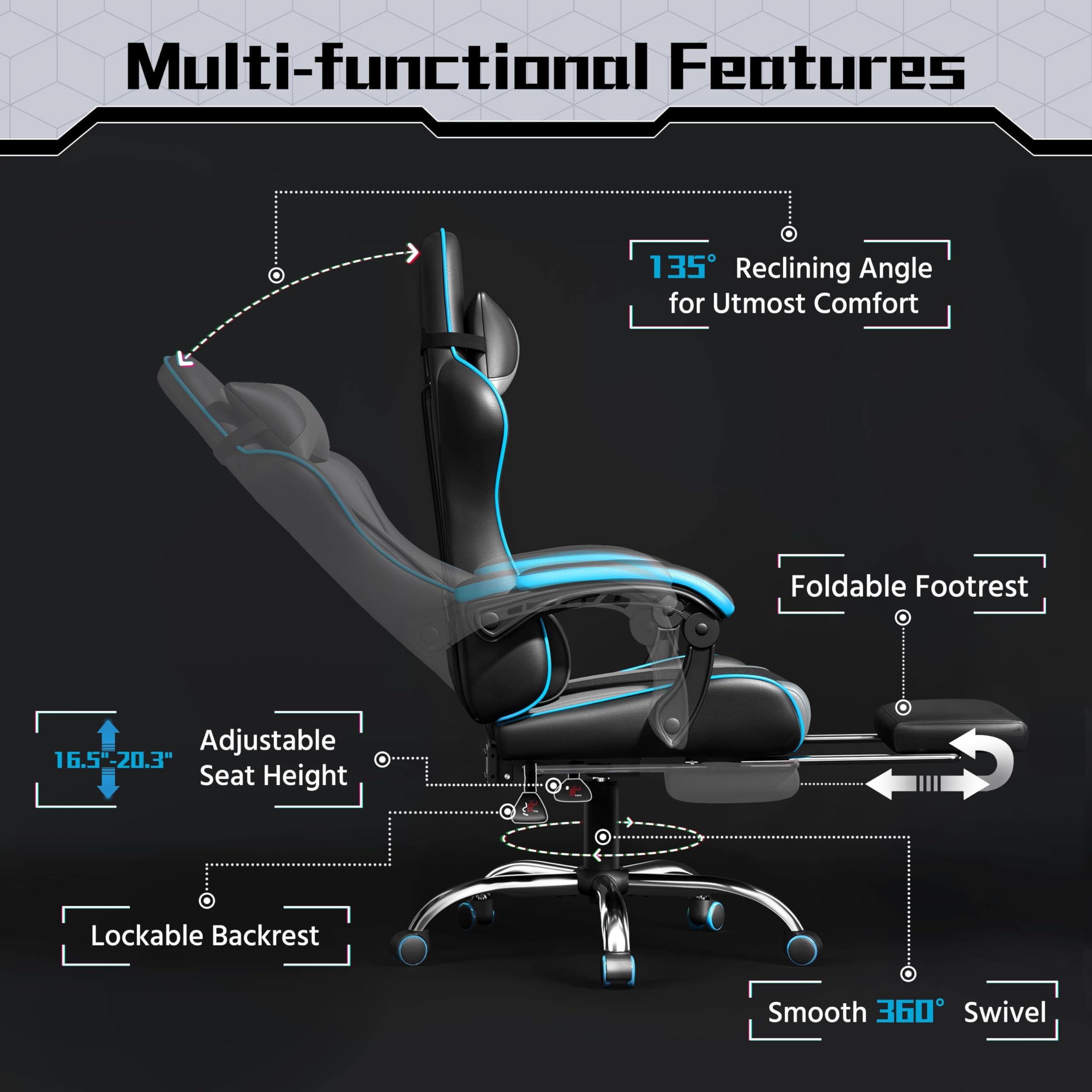 Gaming Chair, Video Game Chair with Massage Lumbar Support and Footrest Height Adjustable Ergonomic Computer Chair with Swivel Seat and Headrest, Black/Gray