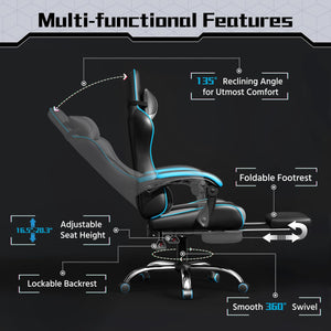 Gaming Chair, Video Game Chair with Massage Lumbar Support and Footrest Height Adjustable Ergonomic Computer Chair with Swivel Seat and Headrest, Black/Gray