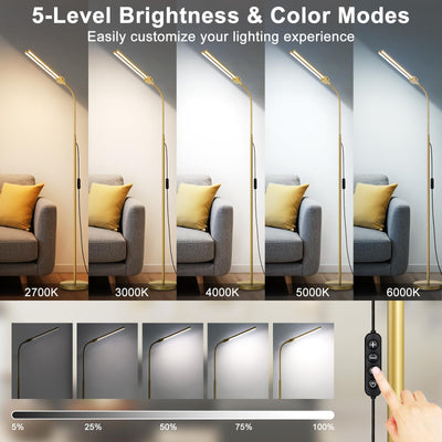 Gold Floor Lamp, 18W/2000LM Bright LED Floor Lamp for Living Room Office, Adjustable Gooseneck Dimmable Standing Task Lamp for Reading, Study, Arts, Eye Caring Craft Light for Sewing Tatoo Puzzle