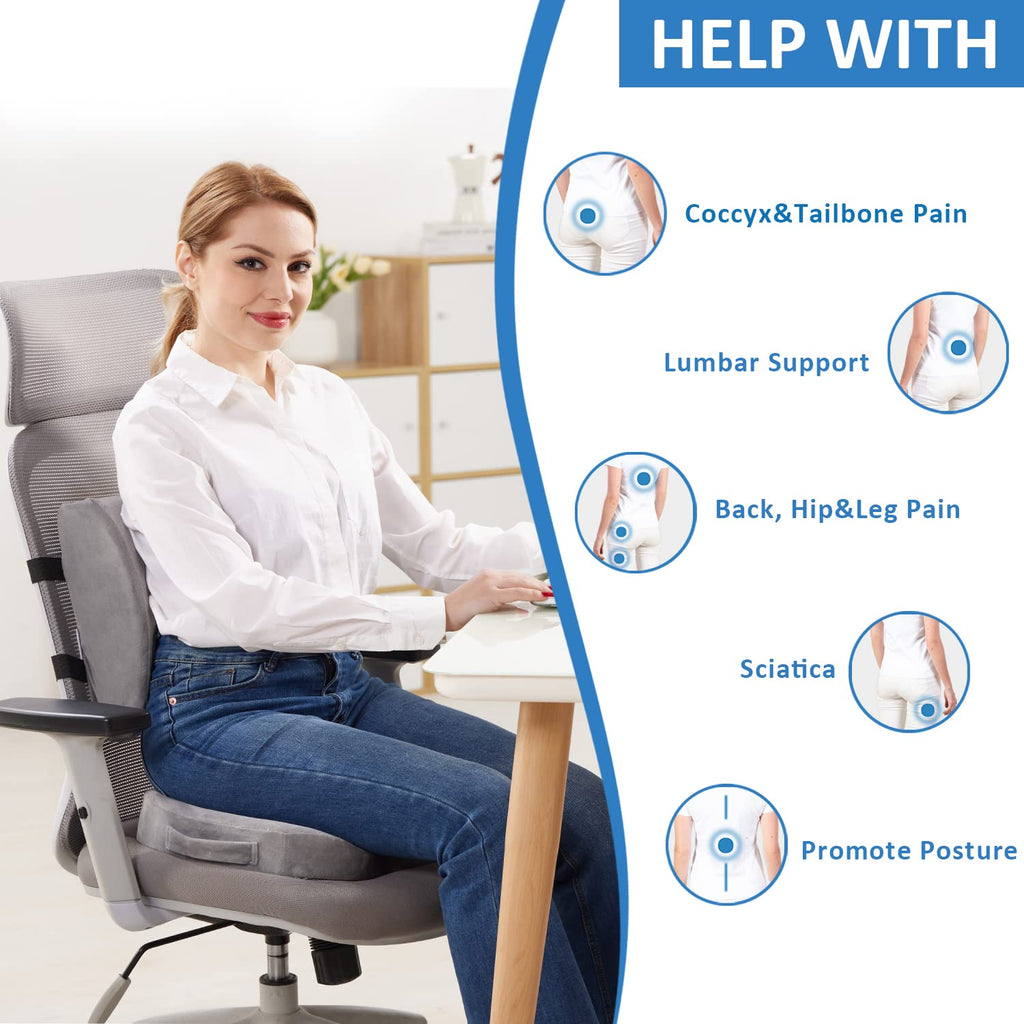 Lumbar Support Pillow and Office Chair Cushion, Memory Foam Car Seat Cushions Back Support Pillows, Reduce Pressure On Tailbone and Sciatic Nerve, Relieve Pain of Back and Lumbar(Grey)