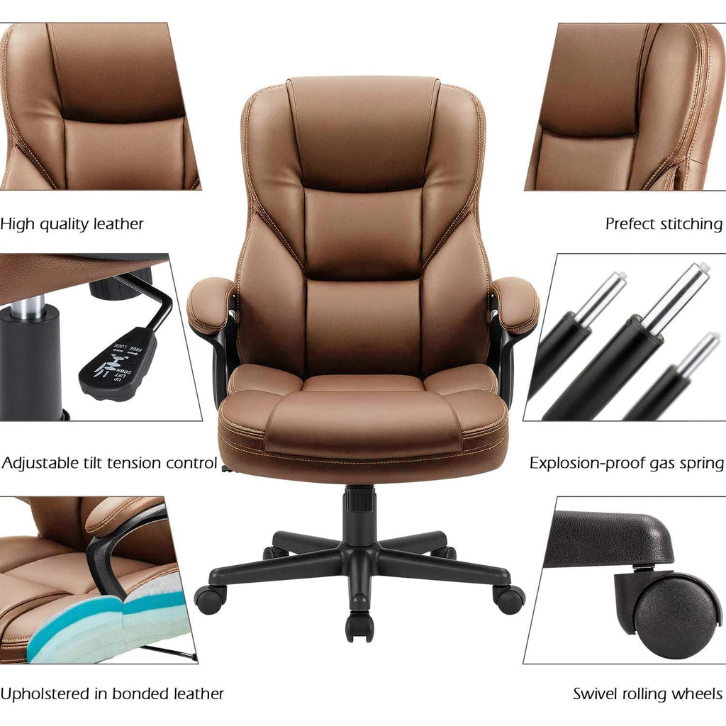 Office Executive Chair High Back Adjustable Managerial Home Desk Chair, Swivel Computer PU Leather Chair with Lumbar Support (2, Light Brown)