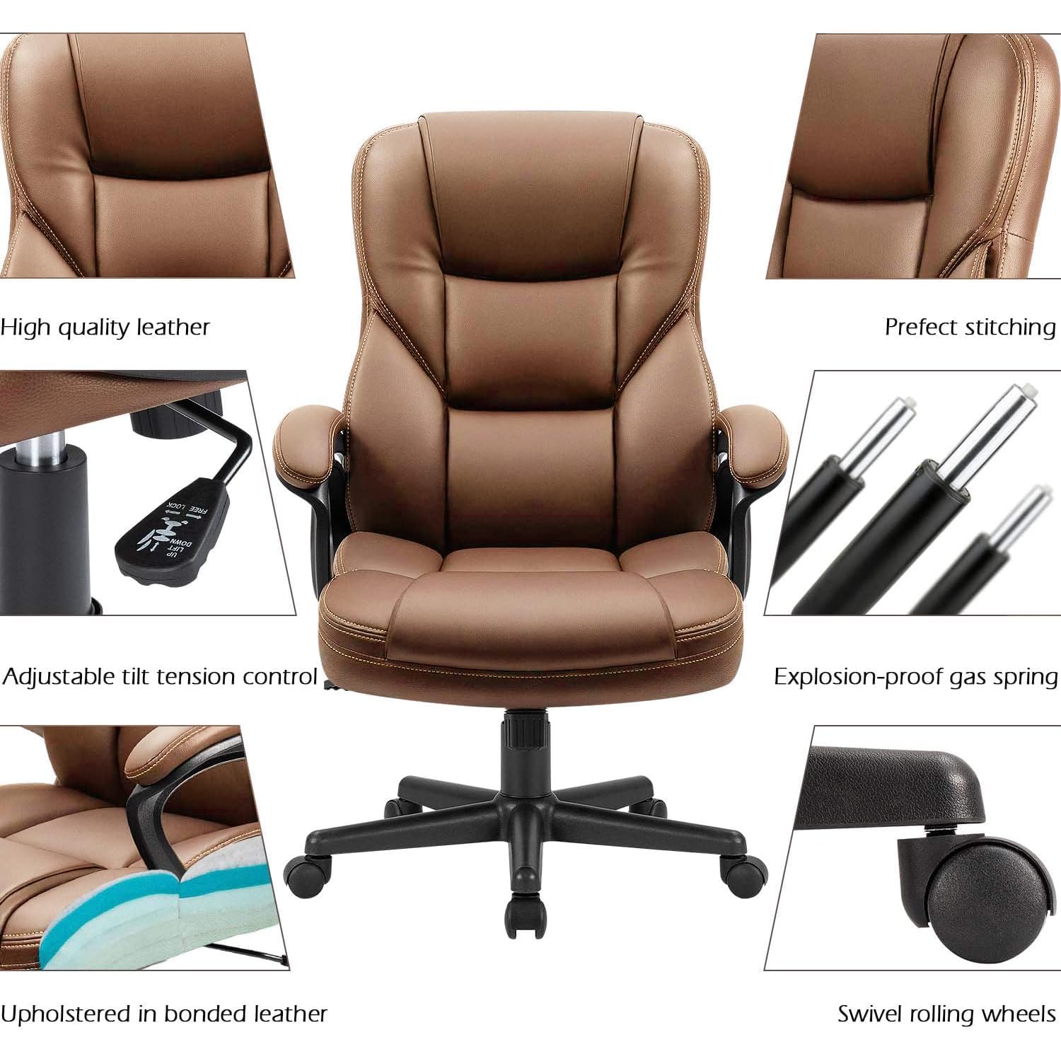 Office Executive Chair High Back Adjustable Managerial Home Desk Chair, Swivel Computer PU Leather Chair with Lumbar Support (2, Light Brown)