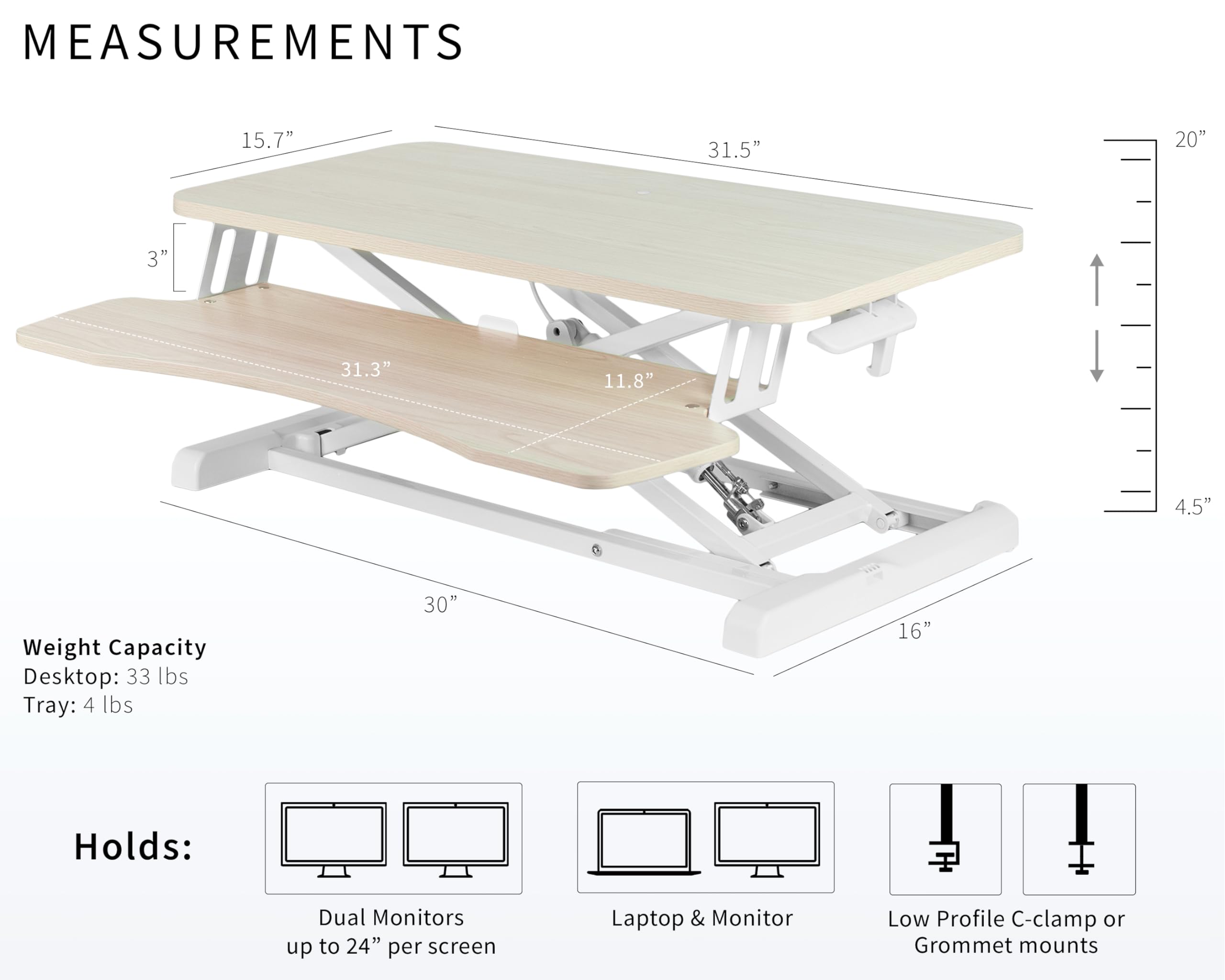 32 inch Desk Converter, K Series, Height Adjustable Sit to Stand Riser, Dual Monitor and Laptop Workstation with Wide Keyboard Tray, Light Wood Top, White Frame, DESK-V000KF