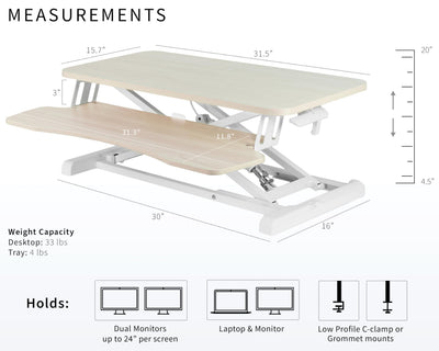 32 inch Desk Converter, K Series, Height Adjustable Sit to Stand Riser, Dual Monitor and Laptop Workstation with Wide Keyboard Tray, Light Wood Top, White Frame, DESK-V000KF
