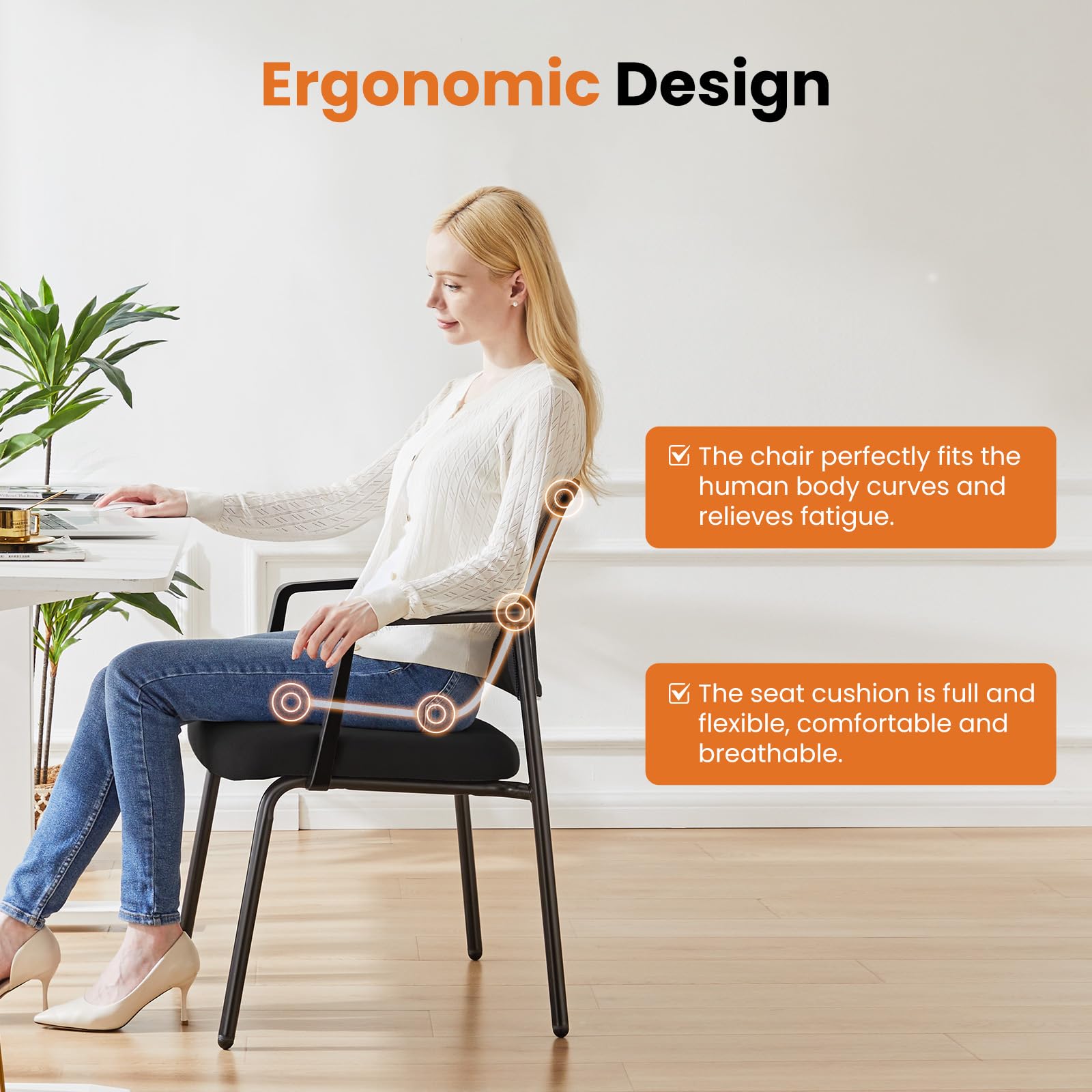 2 Pack Black, Mesh Back Stacking Arm Chairs, Upholstered Fabric Stacking Chairs, Sturdy Metal Office Chairs, Easy to Use and Store, Outdoor and Indoor, for Home, School, Party, Church,