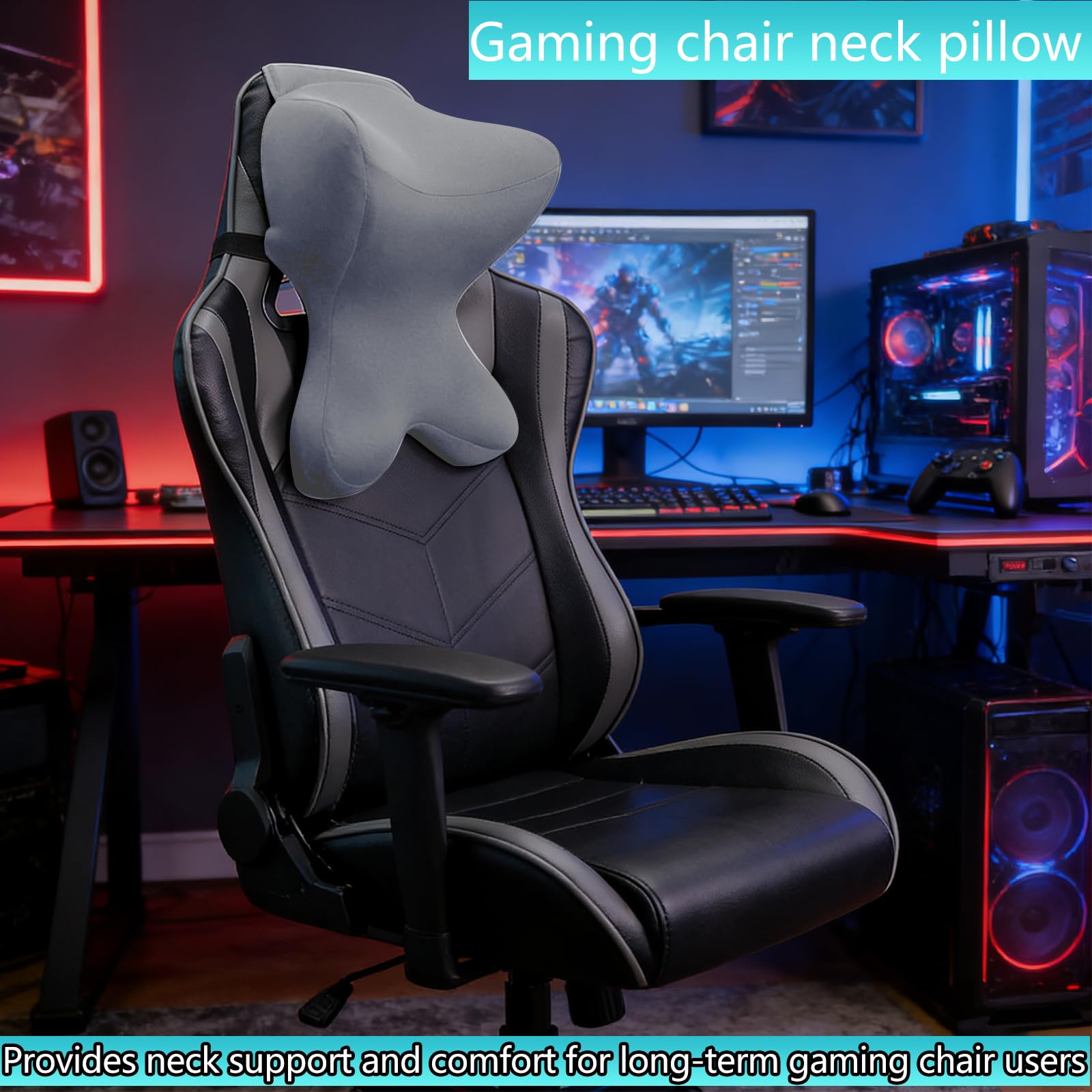 Neck Pillow for Driving Seat headrest Pillow/Gaming Chair Pillow with Adjustable Strap Removable Cover Ergonomic Design Neck Support Pillow for Car, Office Chair, Gaming Chair (Grey)
