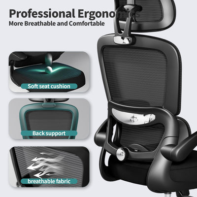 Office Chair Ergonomic Desk Chair, 330 LBS Home Mesh Office Desk Chairs with Wheels, Comfortable Gaming Chairs (Black)