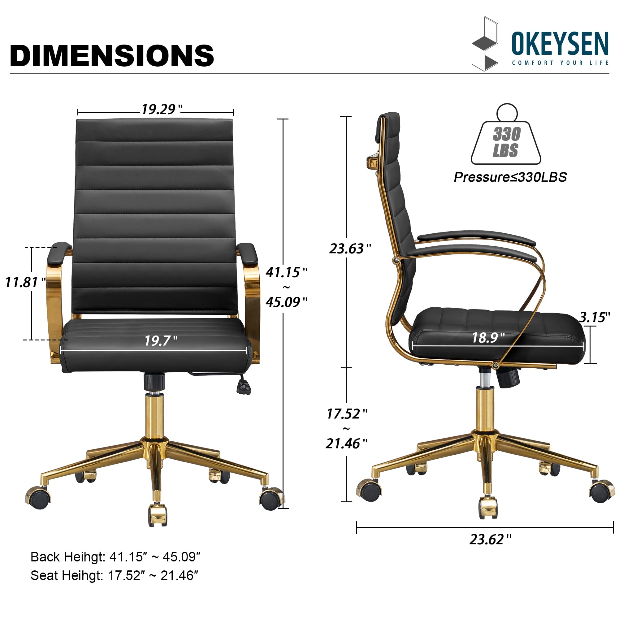 Gold Office Desk Chair, Ergonomic Leather Modern Conference Room Chairs, Executive Ribbed Height Adjustable Swivel Rolling Golden Chair for Home Office.