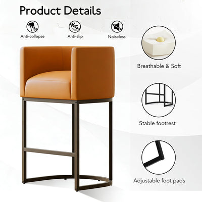 Modern Counter Height Bar Stools,Bar Stools Set of 3,PU Leather Upholstered Barrel Barstools with Backs,24'' Kitchen Island Chairs,Metal Black Frames,Camel Brown Leather