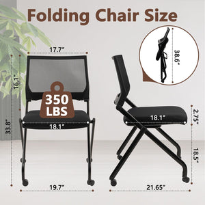 40PACK, Stackable & Foldable Chairs with Wheels, Reception Guest Chairs with Lumbar Support, Ergonomic Mesh Back Folding Chair for Office Schools Training Conference Waiting Room, Black,