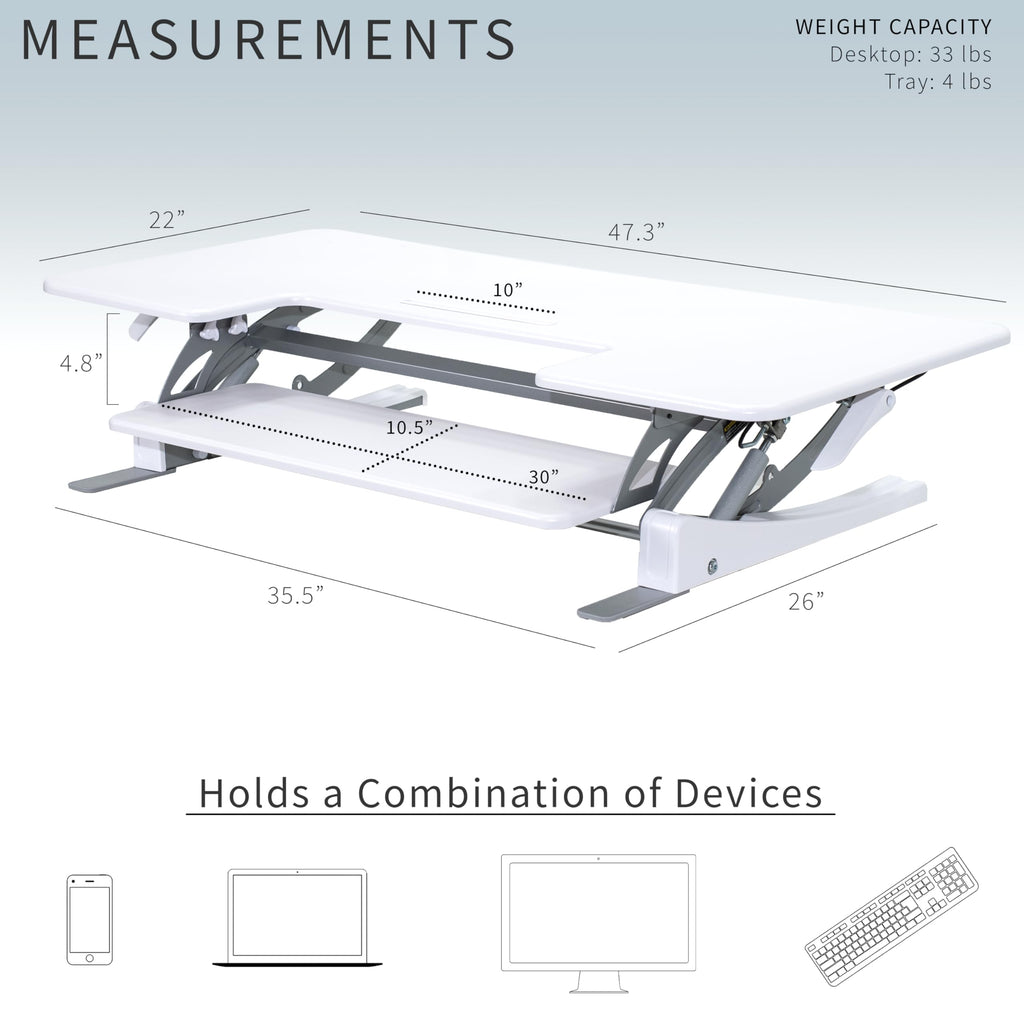 48 inch Height Adjustable Large Stand Up Desk Converter, V Series, Quick Sit to Stand Tabletop Dual Monitor Riser Workstation, White, DESK-V048VW