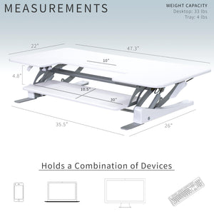 48 inch Height Adjustable Large Stand Up Desk Converter, V Series, Quick Sit to Stand Tabletop Dual Monitor Riser Workstation, White, DESK-V048VW
