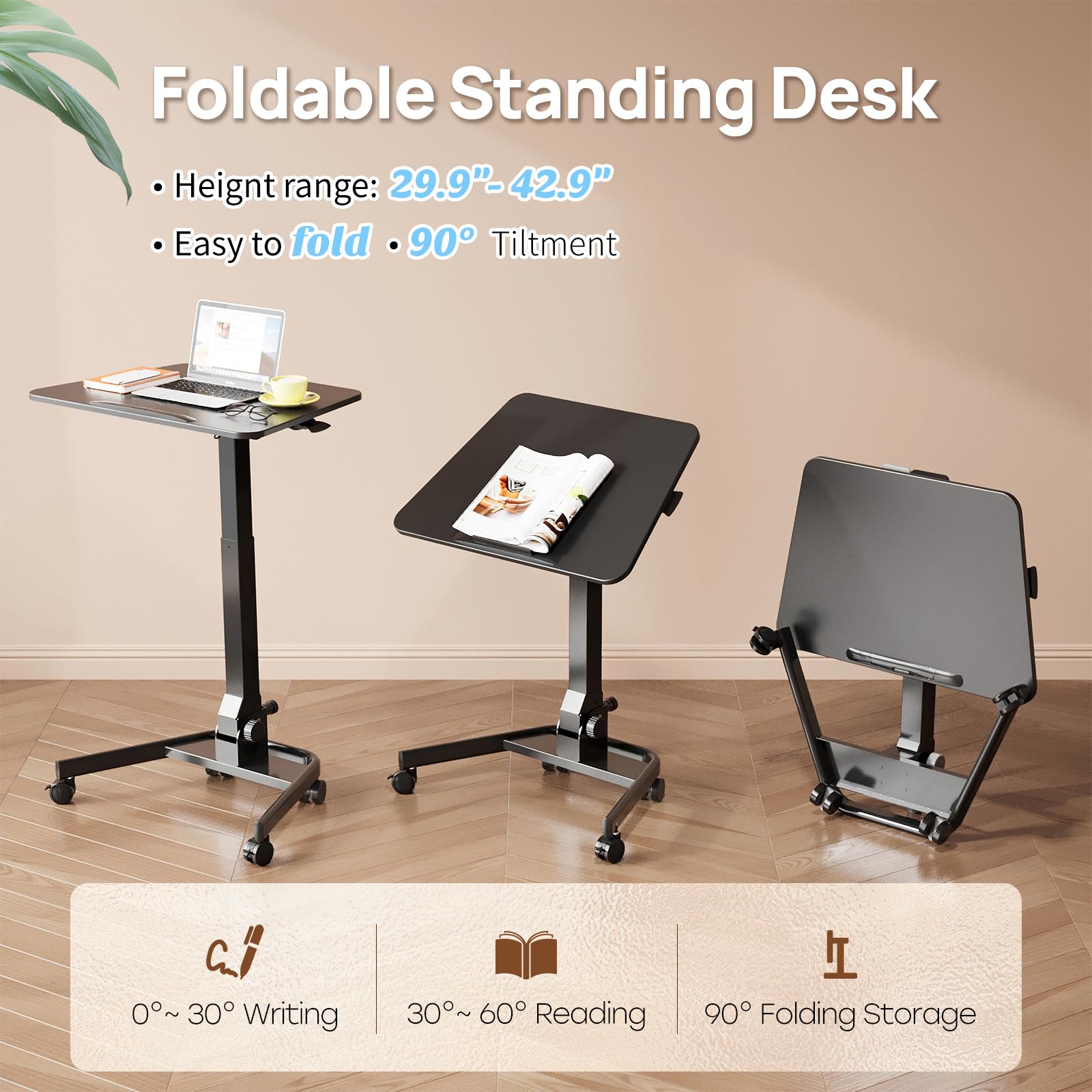Foldable Mobile Standing Desk, Pneumatic Height Adjustable Rolling Sit Stand Desk, 90° Tiltable Portable Laptop Cart on Wheels, Mobile Desk Workstation for Home Office, Easy to Fold
