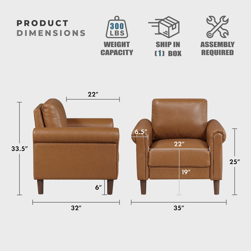 35" W Living Room Accent Chair, Faux Leather Upholstered Armchair with Rolled Armrest for Bedroom/Office/Waiting Room, Single Sofa Chair, Brown