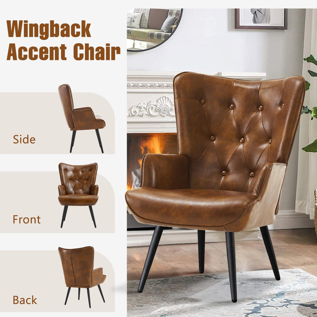 PU Leather Accent Chair for Living Room, Upholstered Reading Chair with High Backrest, Tufted-Button Wingback Armchair for Bedroom, Dressing Room, Home Office, Brown