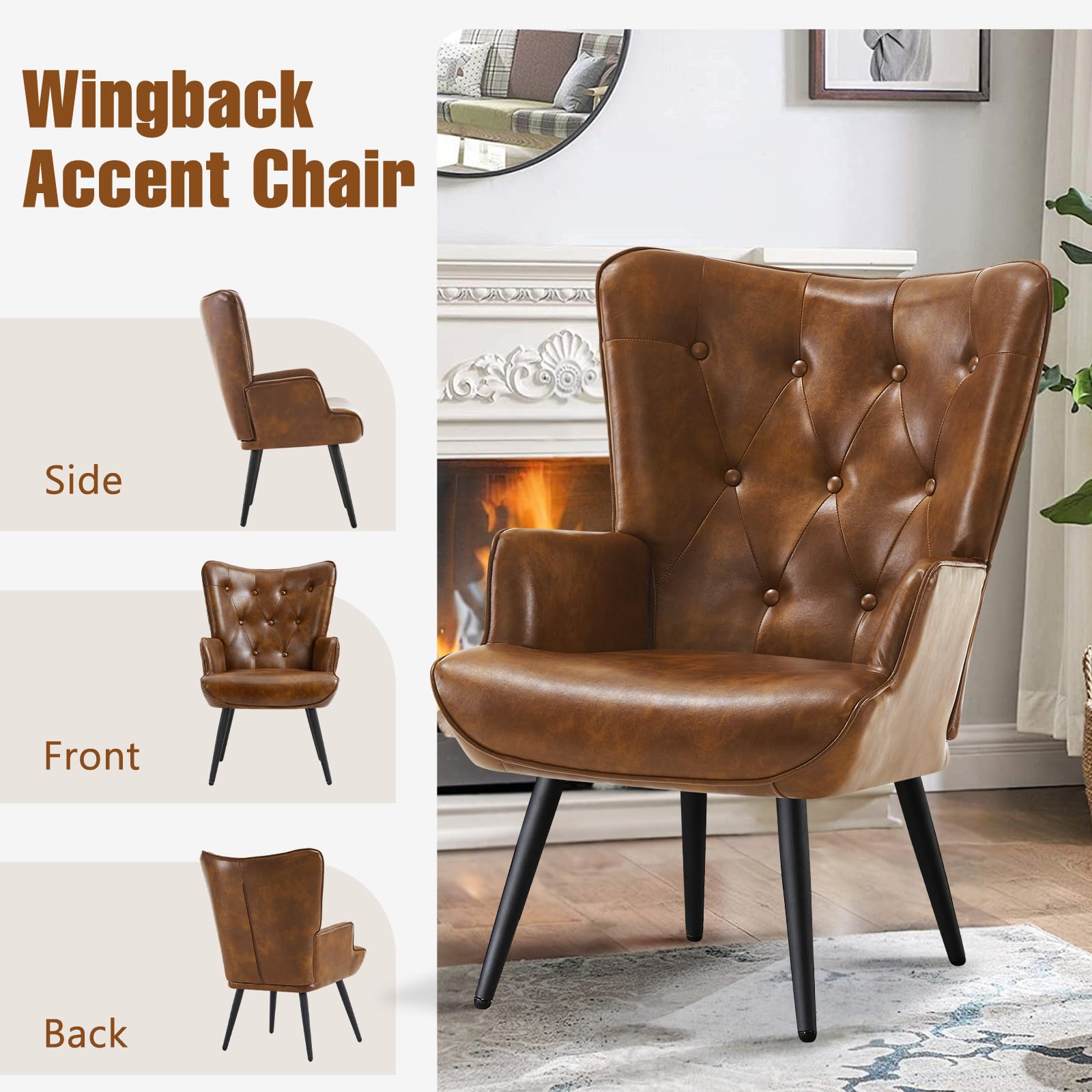 PU Leather Accent Chair for Living Room, Upholstered Reading Chair with High Backrest, Tufted-Button Wingback Armchair for Bedroom, Dressing Room, Home Office, Brown