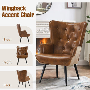 PU Leather Accent Chair for Living Room, Upholstered Reading Chair with High Backrest, Tufted-Button Wingback Armchair for Bedroom, Dressing Room, Home Office, Brown, Set of 2