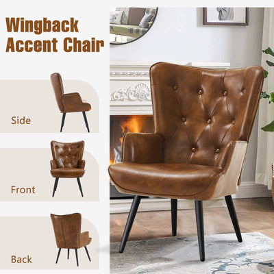 PU Leather Accent Chair for Living Room, Upholstered Reading Chair with High Backrest, Tufted-Button Wingback Armchair for Bedroom, Dressing Room, Home Office, Brown, Set of 2
