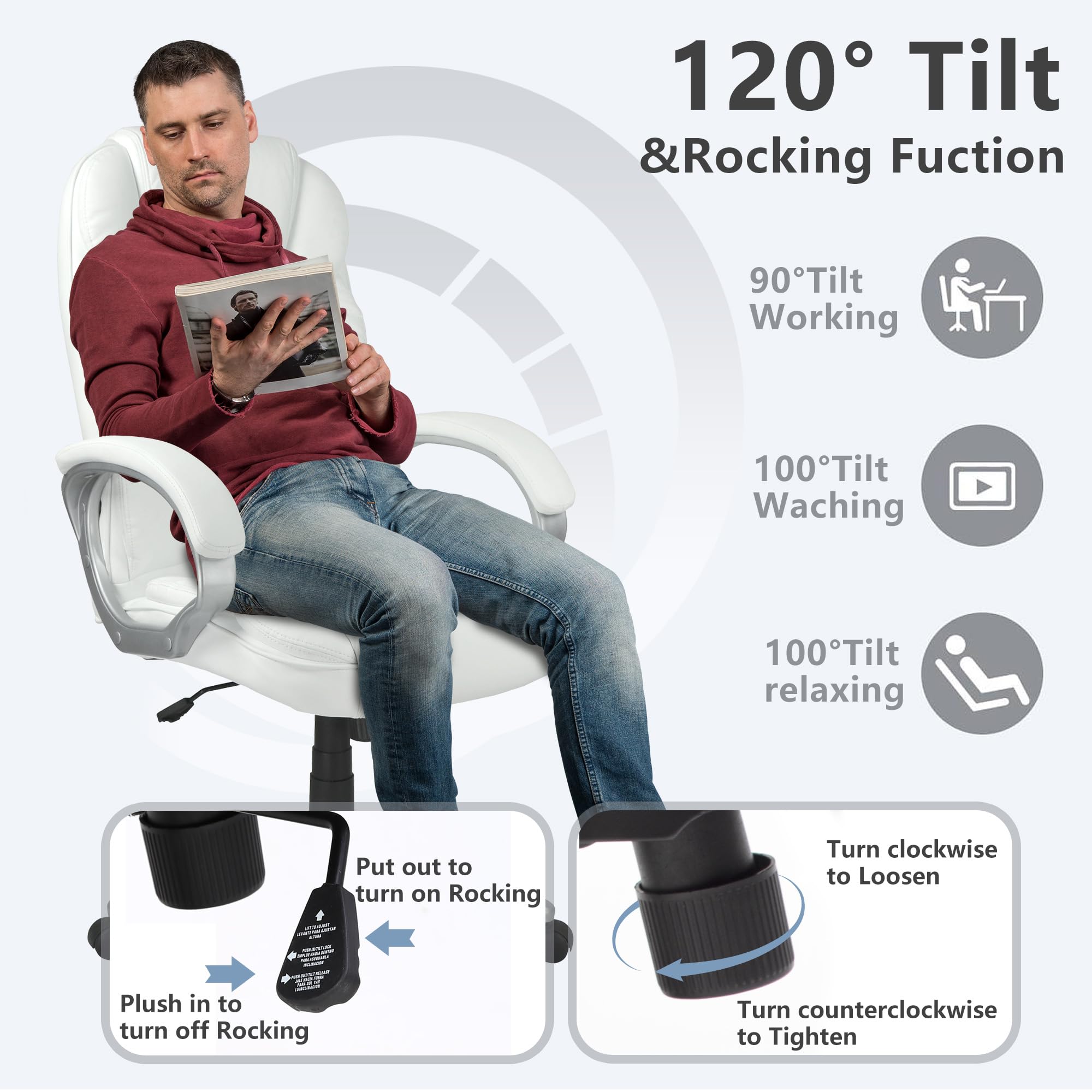 Office Chair Massage Computer Chair High Back Adjustable Desk Chair Rolling Swivel Executive Chair PU Leather with Lumbar Support Arms Headrest Task Chair,White