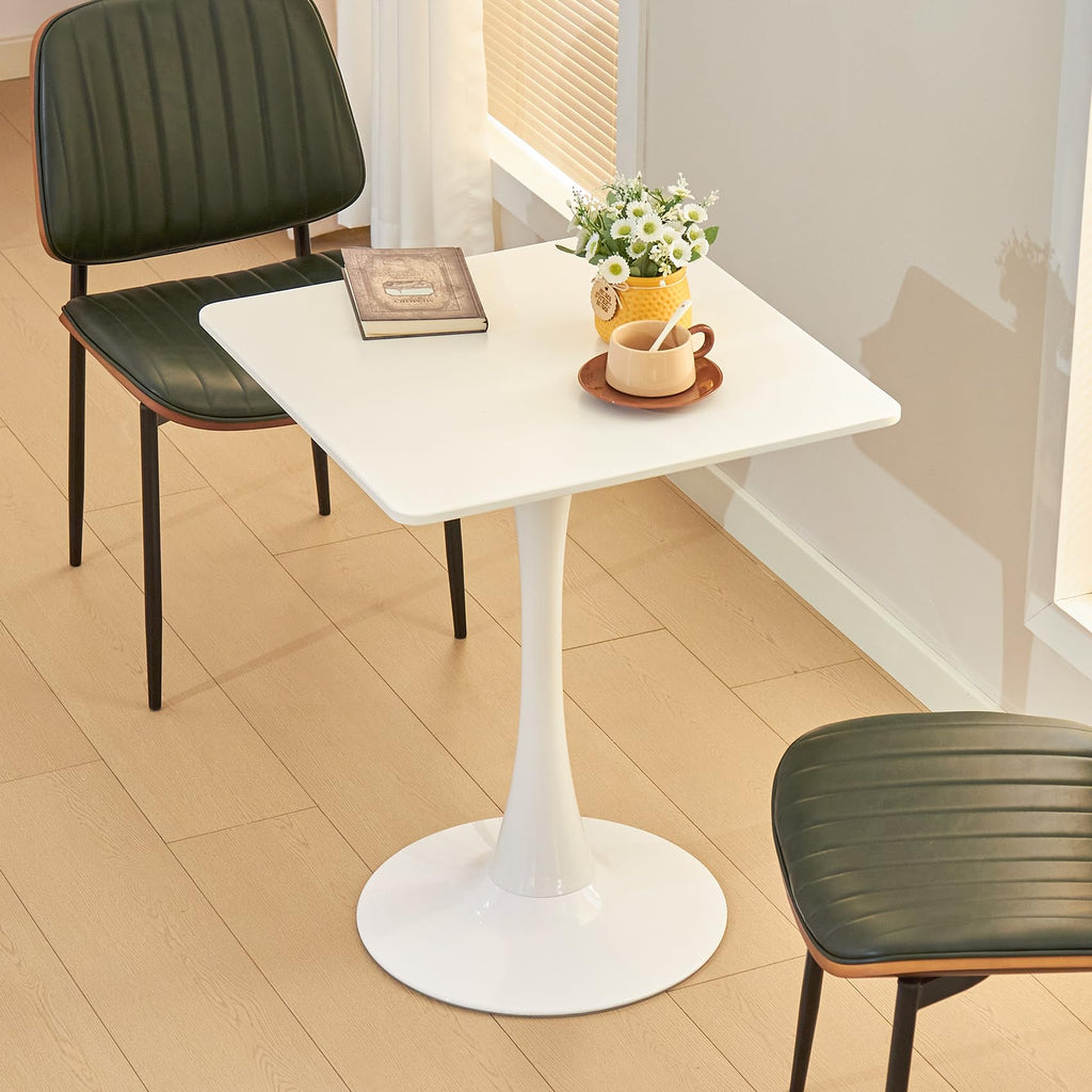 Square Dining Table, 24" Tulip Table with Thickened Tabletop & Metal Pedestal, Mid Century Modern Bistro Table for Kitchen, Small Places, Living Room, Cafe (White)