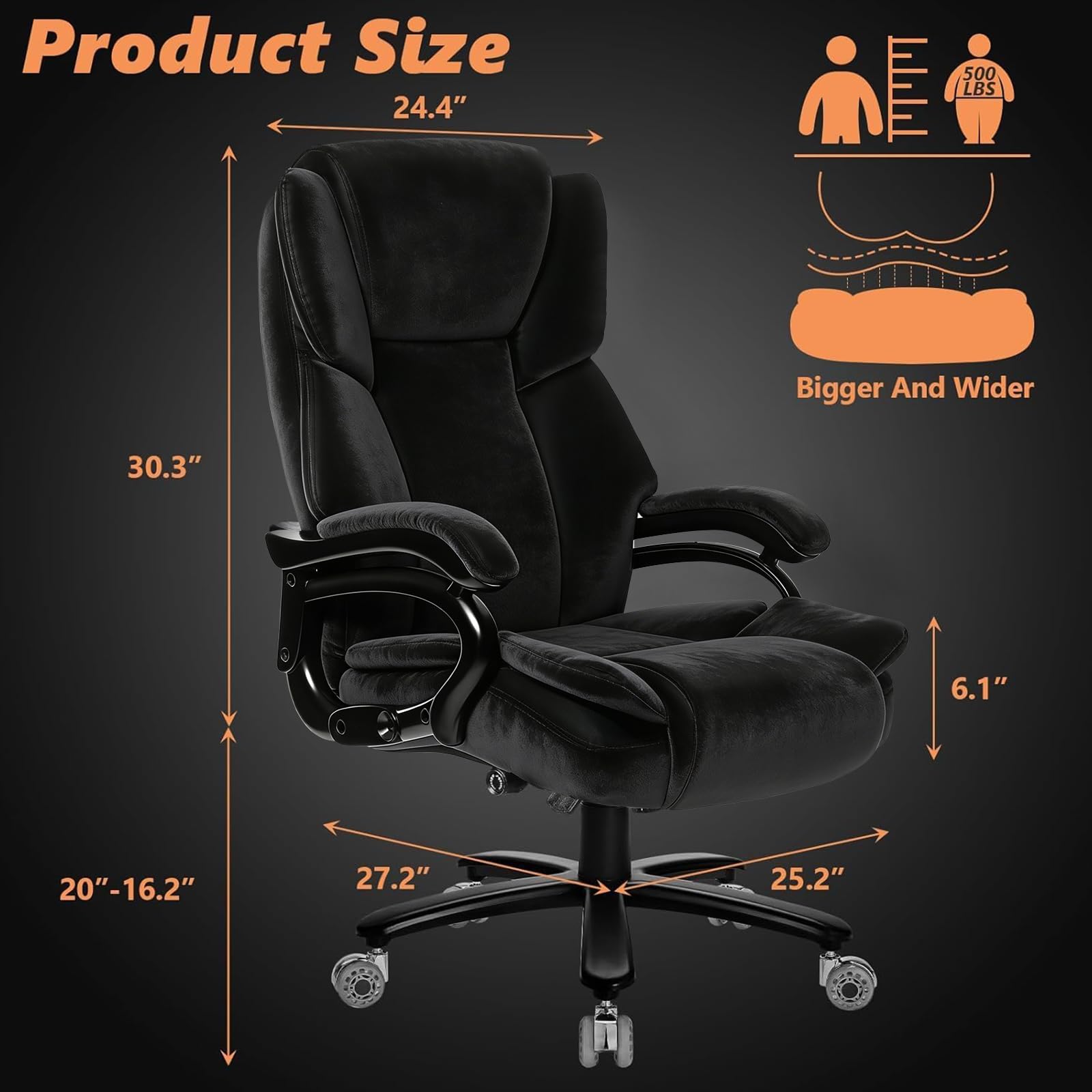 500lbs Fabric Big and Tall Office Chair,500lbs Heavy Duty Office Chair for Heavy People, High Back Executive Computer Chair with Adjustable Lumbar Support, Dual Rubber Wheel