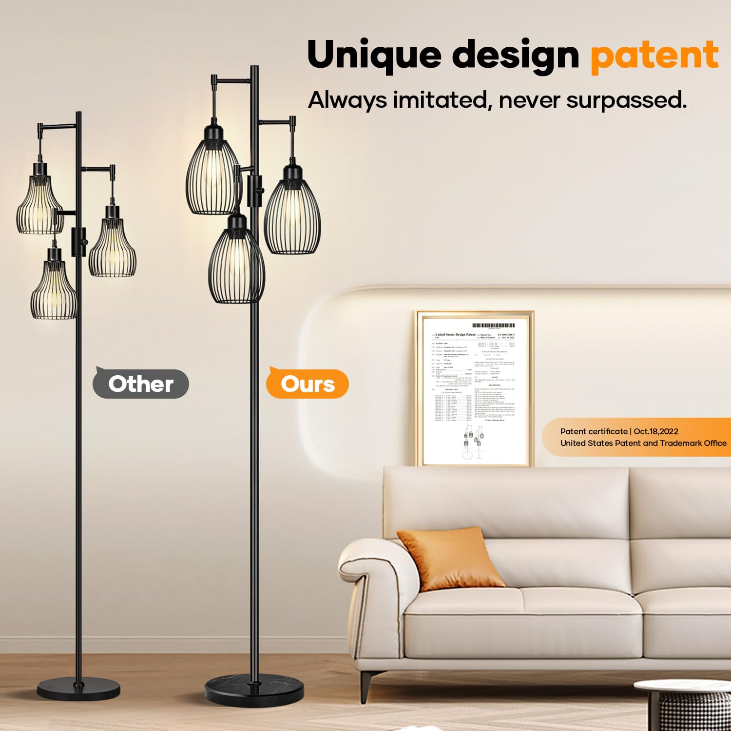 Dimmable Floor Lamp,3x800LM LED Bulbs Included, Farmhouse Industrial Floor Lamp Standing Tree Lamp with Teardrop Cage Head Tall Lamp for Living Room Bedroom Office Dining Room - Black & Marble Base