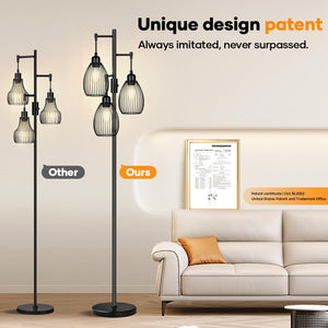 Dimmable Floor Lamp,3x800LM LED Bulbs Included, Farmhouse Industrial Floor Lamp Standing Tree Lamp with Teardrop Cage Head Tall Lamp for Living Room Bedroom Office Dining Room - Black & Marble Base