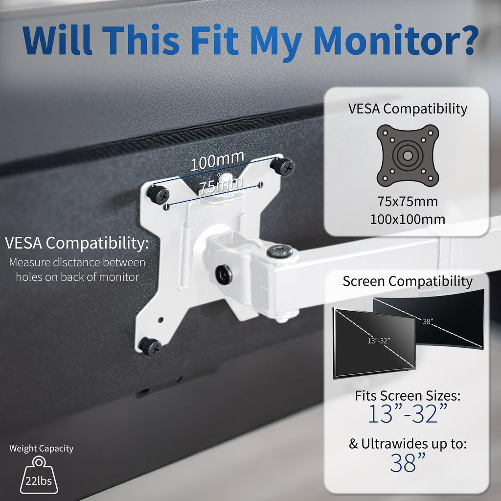 Single Monitor Arm Desk Mount, Holds Screens up to 32 inch Regular and 38 inch Ultrawide, Fully Adjustable Stand with C-Clamp and Grommet Base, VESA 75x75mm or 100x100mm, White, STAND-V001W