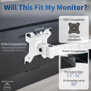 Single Monitor Arm Desk Mount, Holds Screens up to 32 inch Regular and 38 inch Ultrawide, Fully Adjustable Stand with C-Clamp and Grommet Base, VESA 75x75mm or 100x100mm, White, STAND-V001W