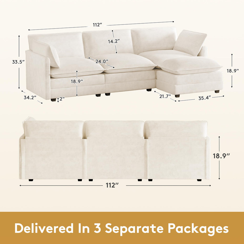 112'' Oversized Modular Sectional Cloud Couch with Movable Ottoman, 4 Seat Modern Corduroy Sofa, Deep Seat L Shaped Couch for Living Room Bedroom Apartment, Cream