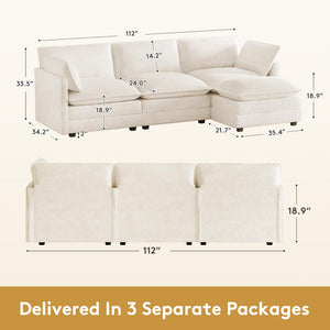112'' Oversized Modular Sectional Cloud Couch with Movable Ottoman, 4 Seat Modern Corduroy Sofa, Deep Seat L Shaped Couch for Living Room Bedroom Apartment, Cream