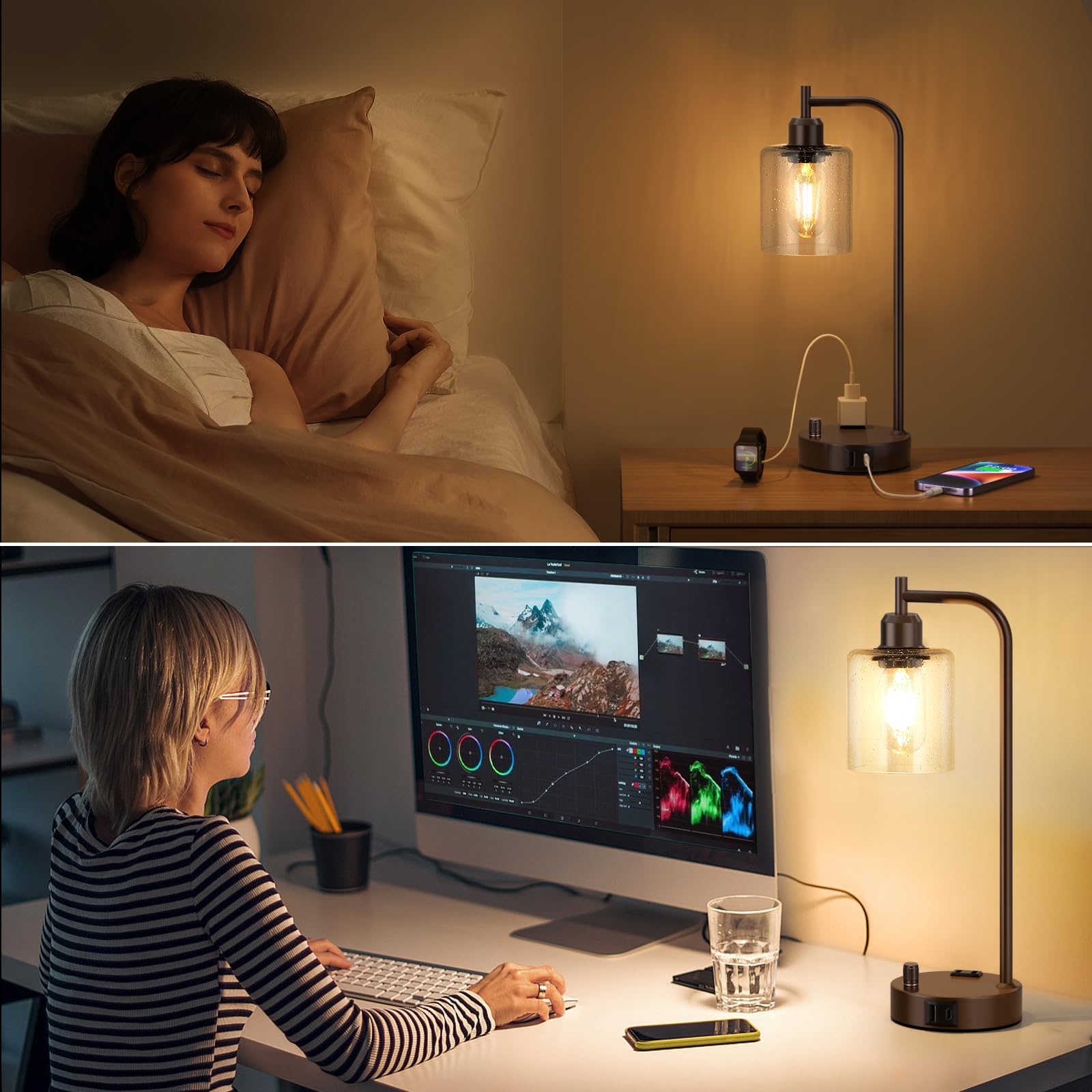 Industrial Table Lamps for Bedrooms Set of 2 - Fully Dimmable Bedside Lamps with USB Ports and Outlet, Brown Nightstand Lamps with Glass Shade for Living Room, Desk Lamps for Office Reading