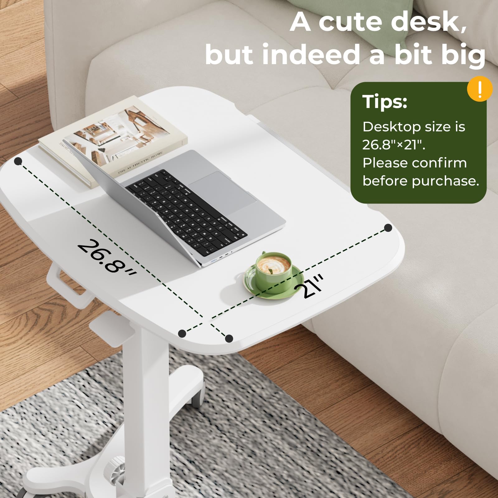 Foldable Mobile Standing Desk, 27"×21" Portable Rolling Laptop Cart with 90° Tiltable Board, Height Adjustable Workstation with Wheels, Folding Table for Home Office, White