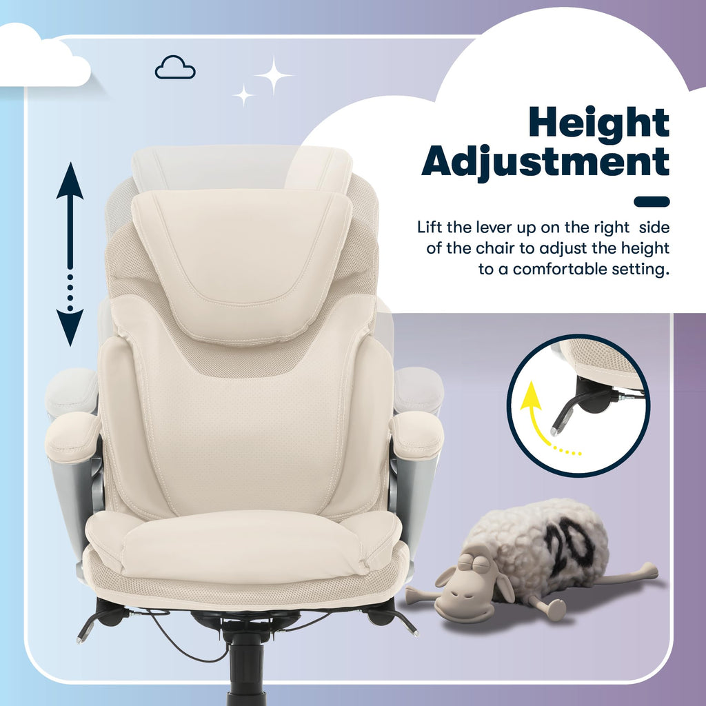 Executive Office Chair - Ergonomic Computer DeskChair with Lumbar Technology - Adjustable Height - Memory Foam Body Pillows - 360° Swivel Rolling Base - Bonded Leather - Cream