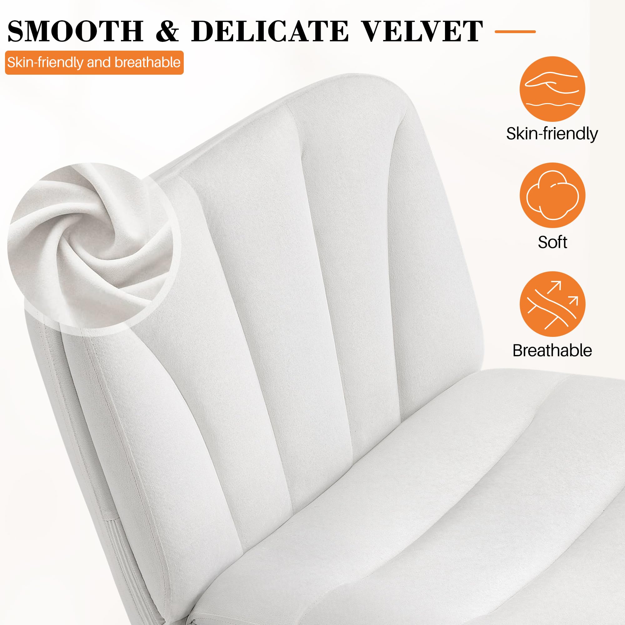 Criss Cross Chair with Wheels, Cross Legged Office Chair, Armless Wide Vanity Desk Chair with Comfty Velvet & Back - Swivel Height Ajustable for Home Office Bedroom, Pearl White Velvet