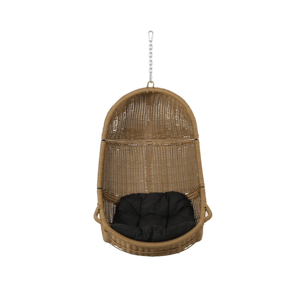 Hanging Basket Chair with Cushion, Outdoor Indoor Basket Chair, Boho Garden Rattan Lounger Porch Swing Furniture, Modern Patio Decor, Brown+Gray