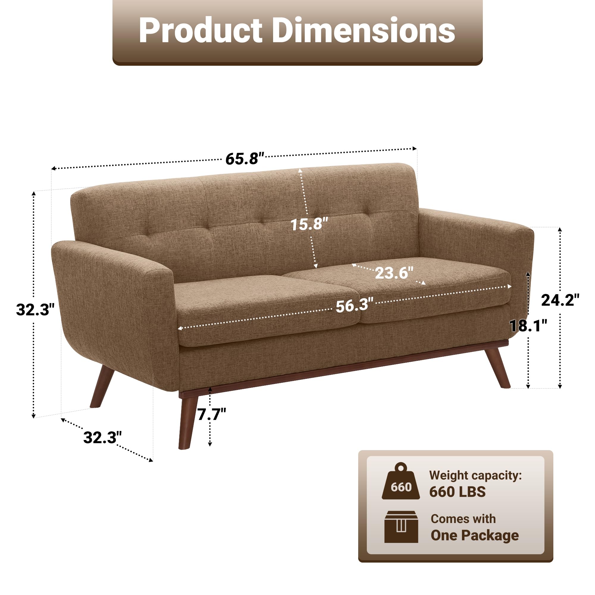 65.2" W Loveseat Sofa, Mid Century Modern Decor Love Seat Couches for Living Room, Button Tufted Upholstered Furniture, Solid & Easy to Install Small Couch for Bedroom Office Apartment, Brown