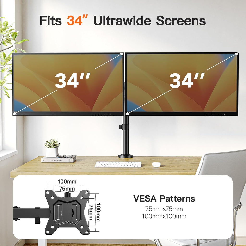 Dual Monitor Desk Mount for 13″–34″ Monitors up to 26.5 lbs, Fully Adjustable Monitor Stand Holds 2 Computer Screens, Heavy-Duty Dual Monitor Arm with C-Clamp & Grommet Base, Black, EGCM13B